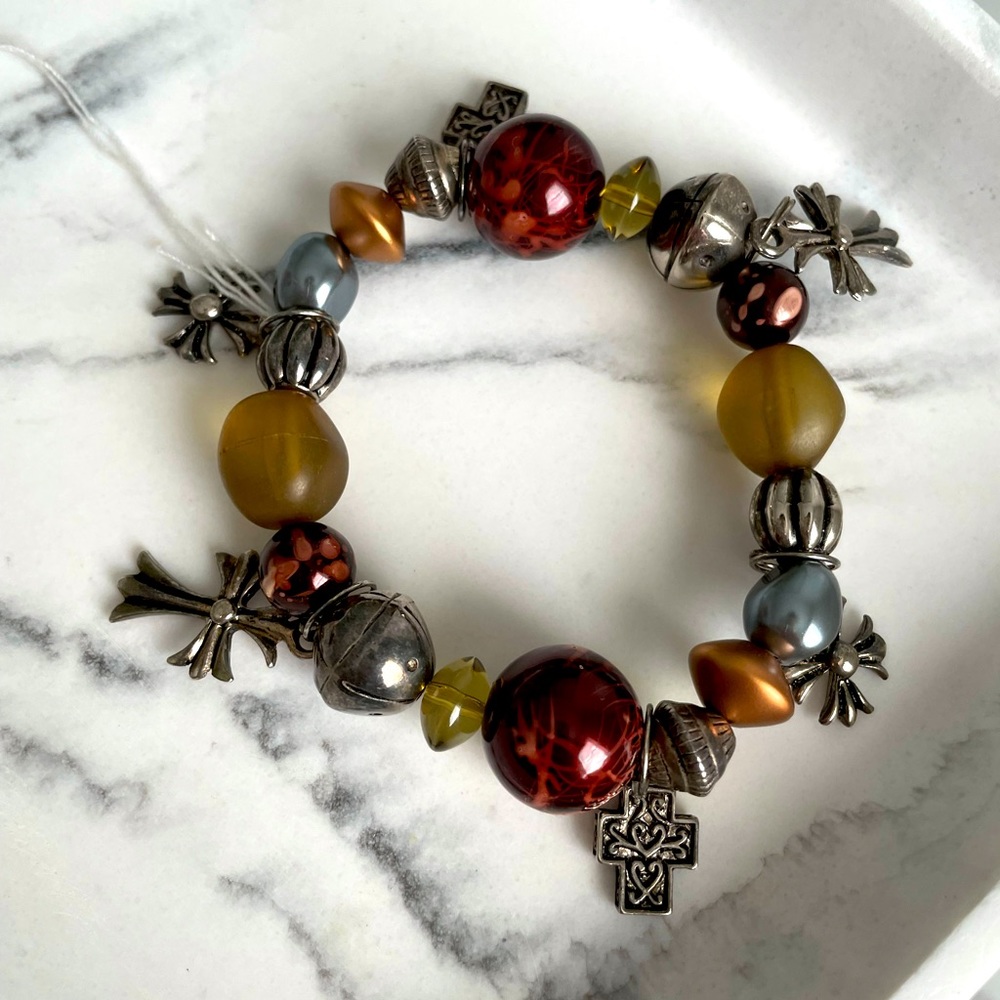 Earth tone beaded bracelet with cross charms